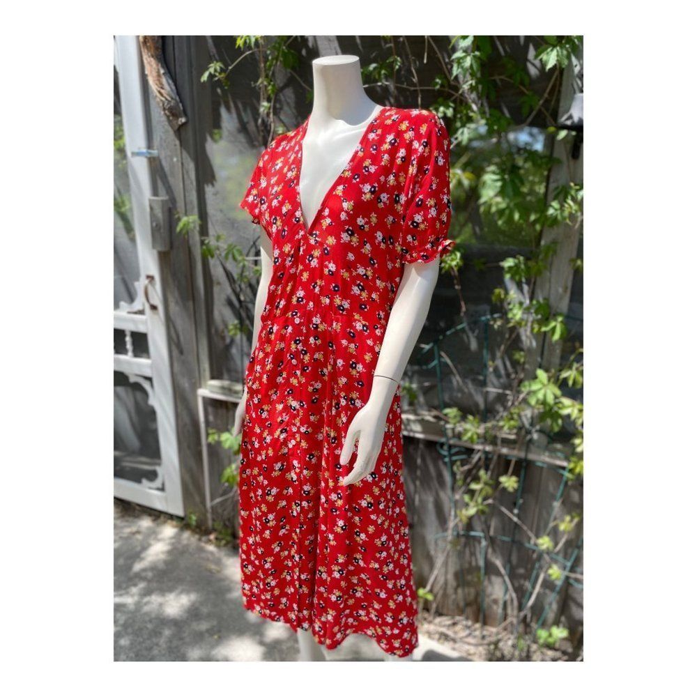 Red Floral Midi Dress with V-Neck